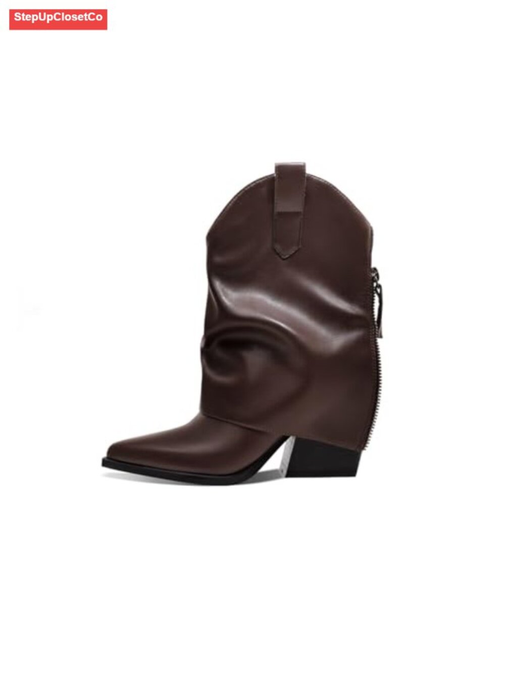 Fold Over Ankle Booties Chunky Heel Pointed Toe Side Zipper Faux Leather